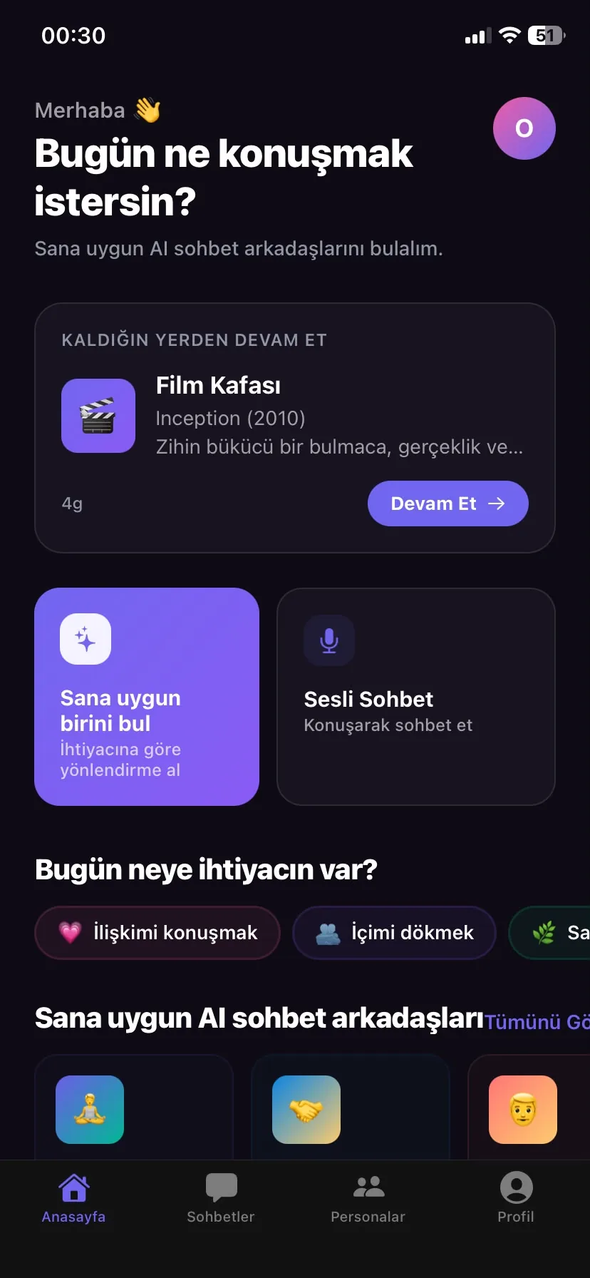 ChatwithX mobil uygulama ana ekranı