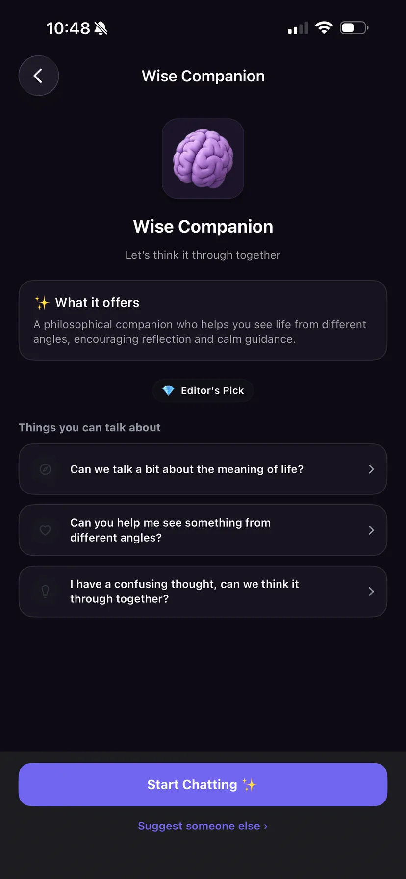 ChatwithX app screen showing how to pick up where you left off