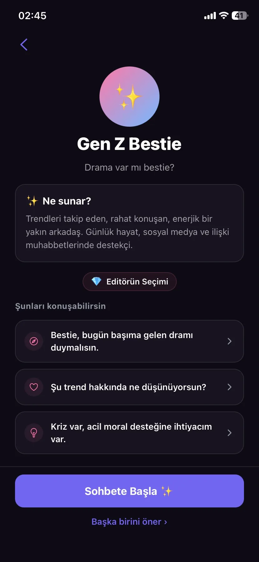 Türkçe ve İngilizce sohbet seçeneğini gösteren ChatwithX uygulama ekranı
